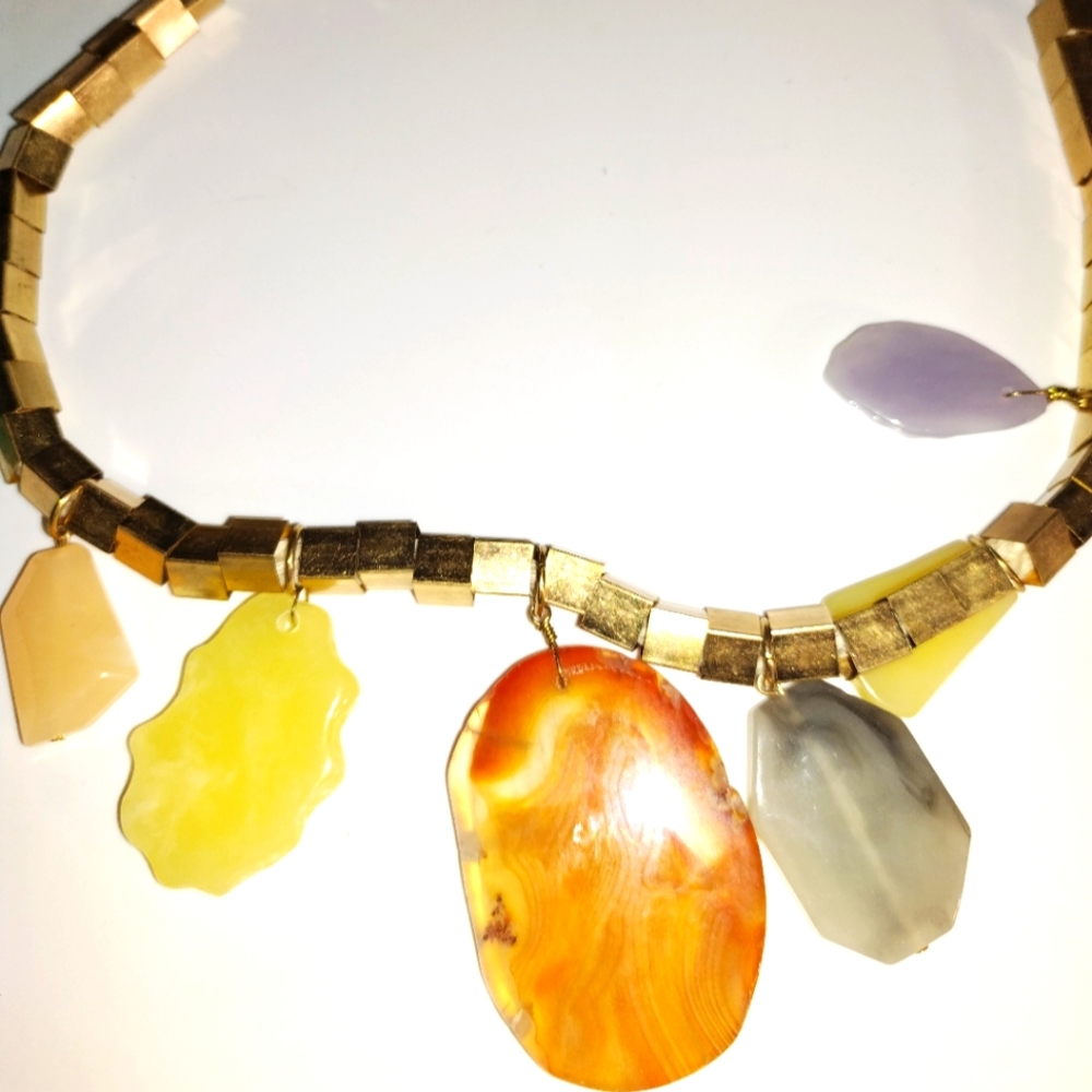Charming Charlie gold statement necklace with multi color natural gemstones